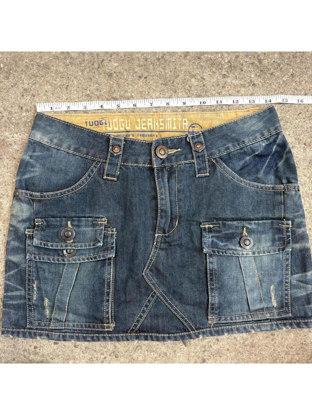 Vintage Y2K Denim Micro Mini Skirt Low Rise DW Knit Hem - Picture 4 of 5